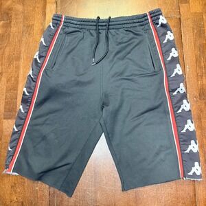 Kappa Track Shorts Mens XL Black Logo Tape Side Stripe Raw Hem Athletic Mesh